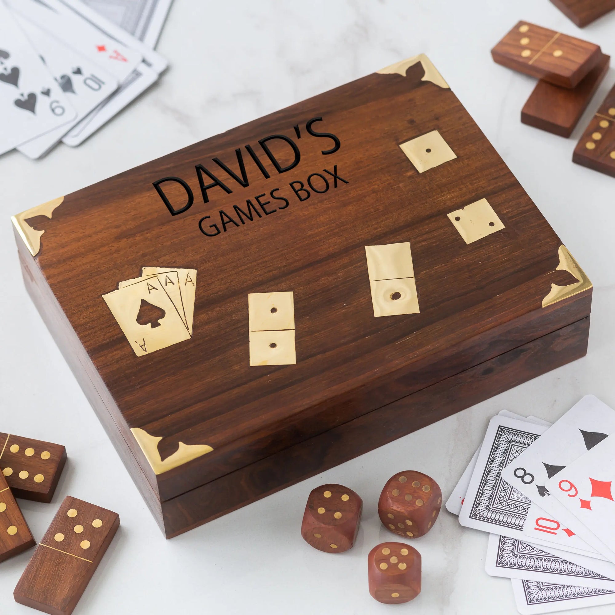 Personalised Luxury Wooden Domino, Cards and Dice Games Box