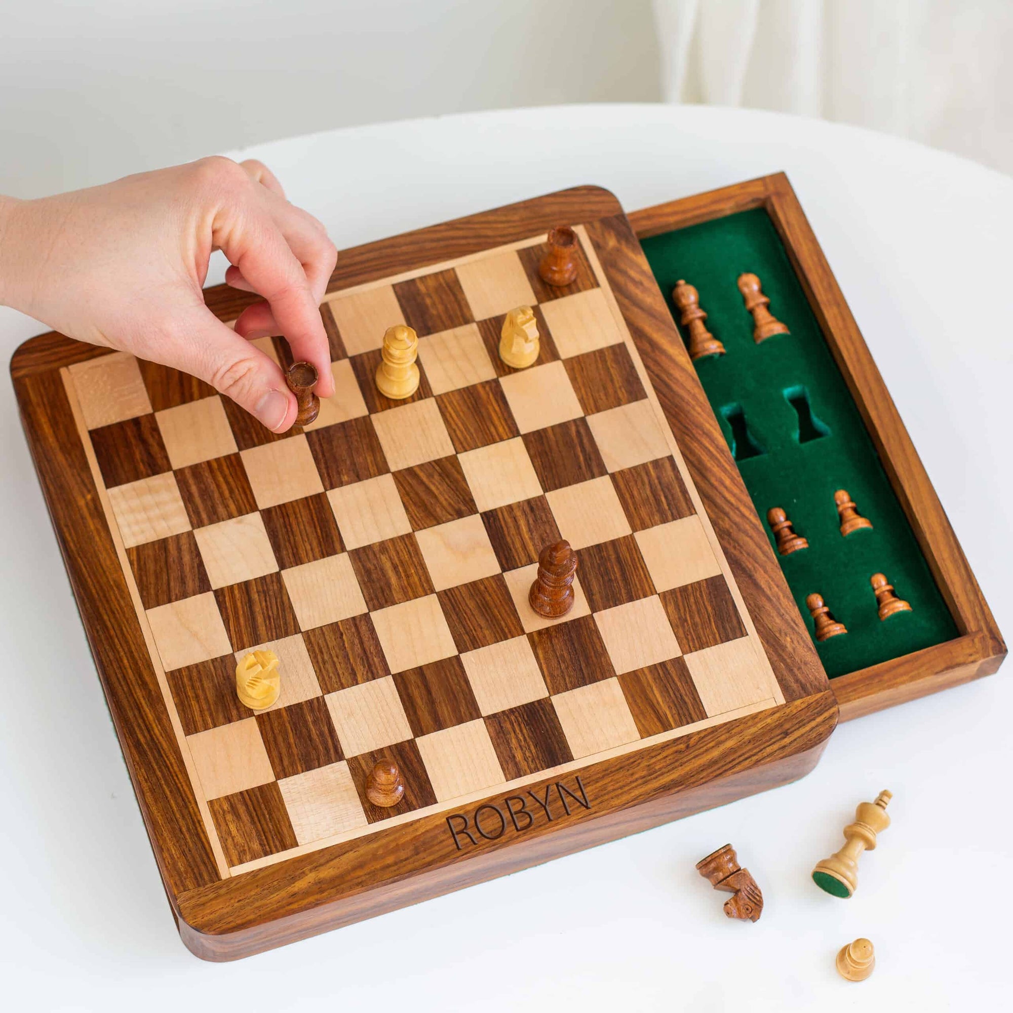 Personalised Deluxe Wooden 10"x10" Chess Set With Foam Draw