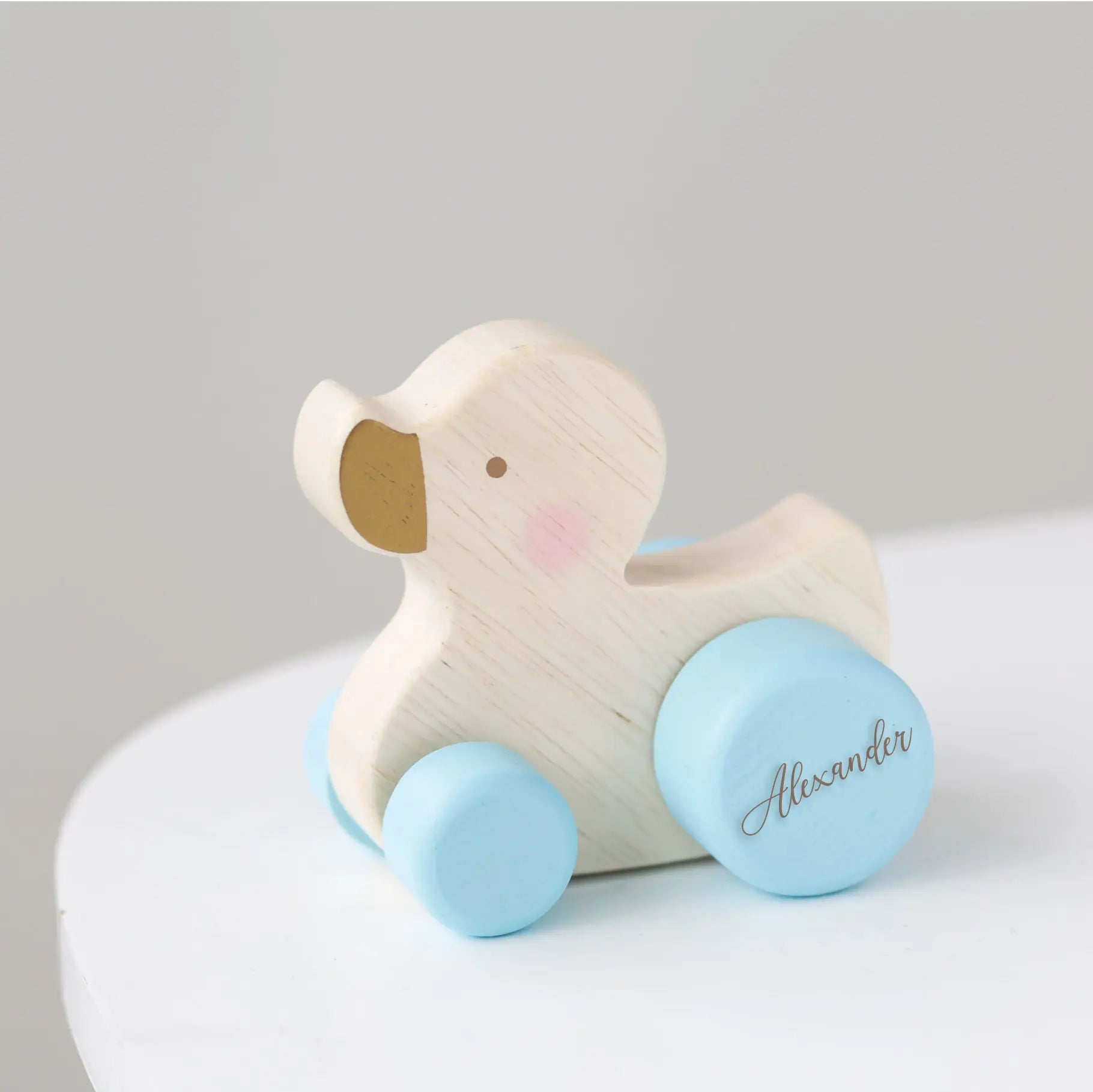 Personalised Kids Wooden Pink, Blue or White Push Duck Toy