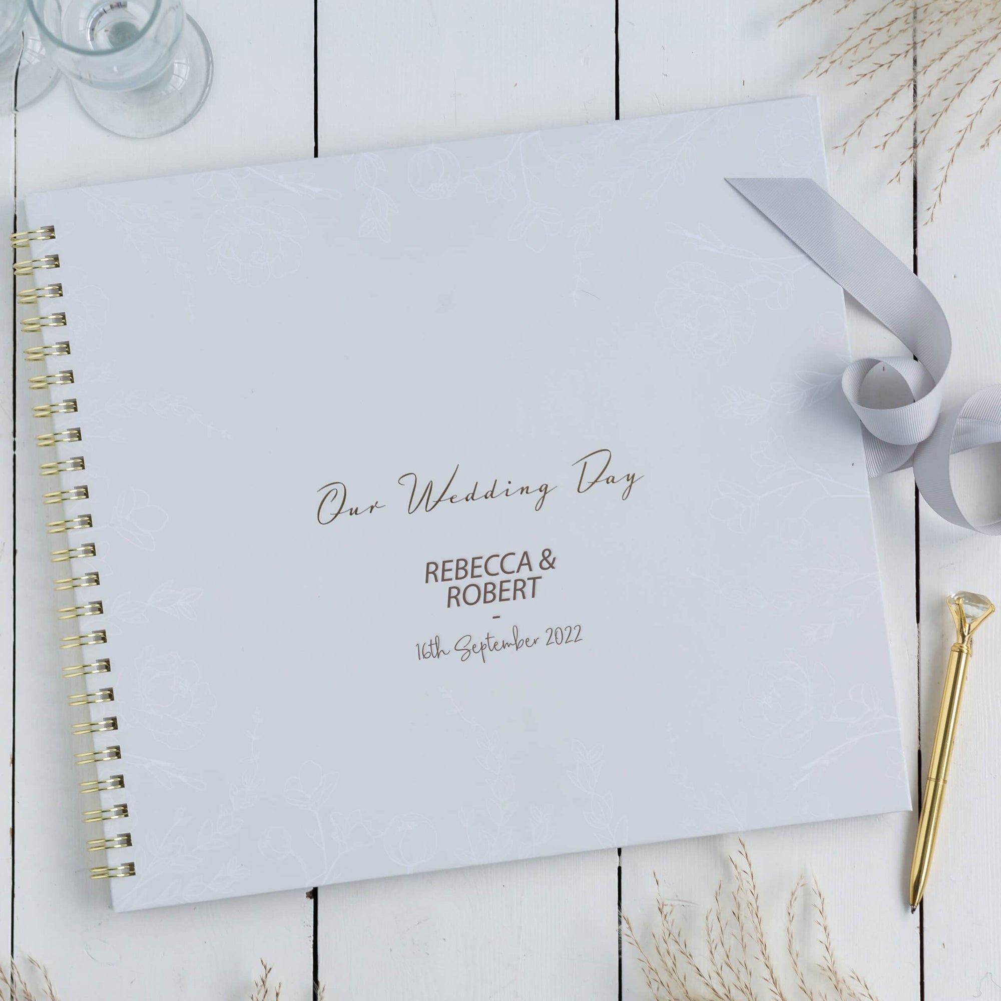Personalised Large Floral Grey Wedding Day Scrapbook