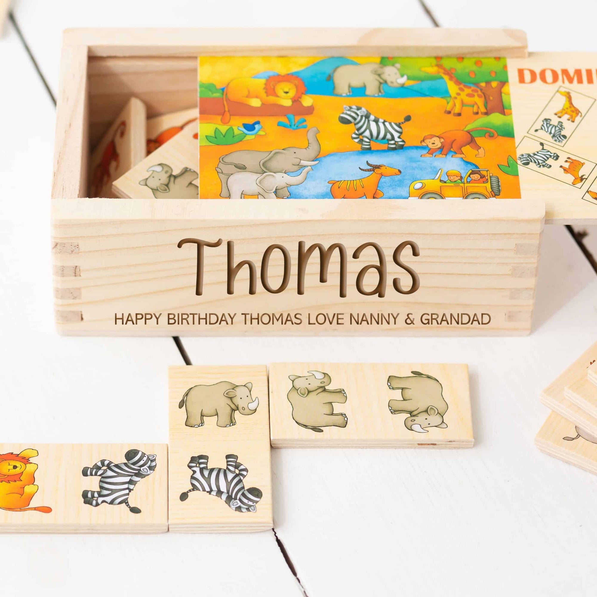 Personalised Safari Wooden Domino Toy Set