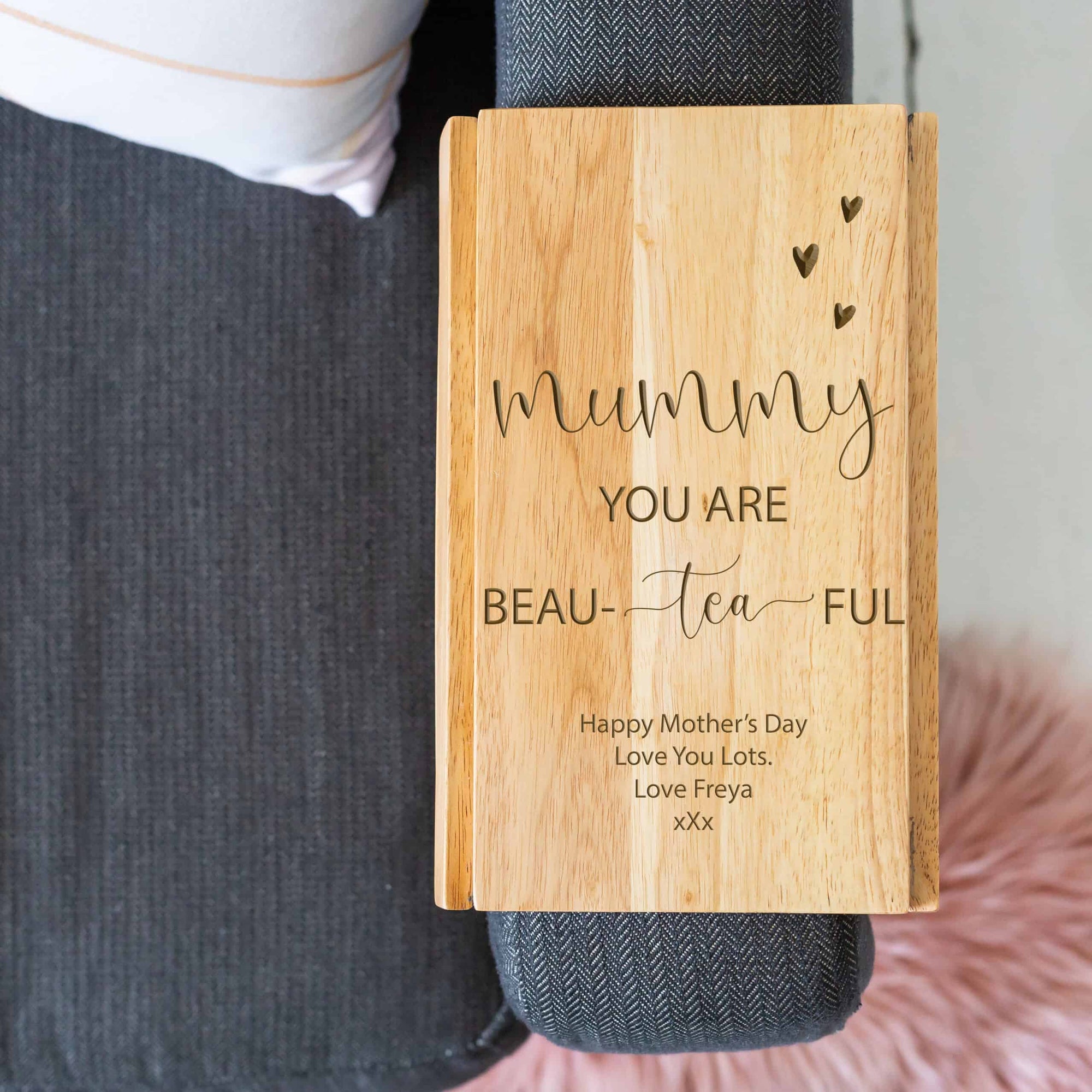 Personalised Beau-Tea-Ful Wooden Engraved Arm Rest Tray