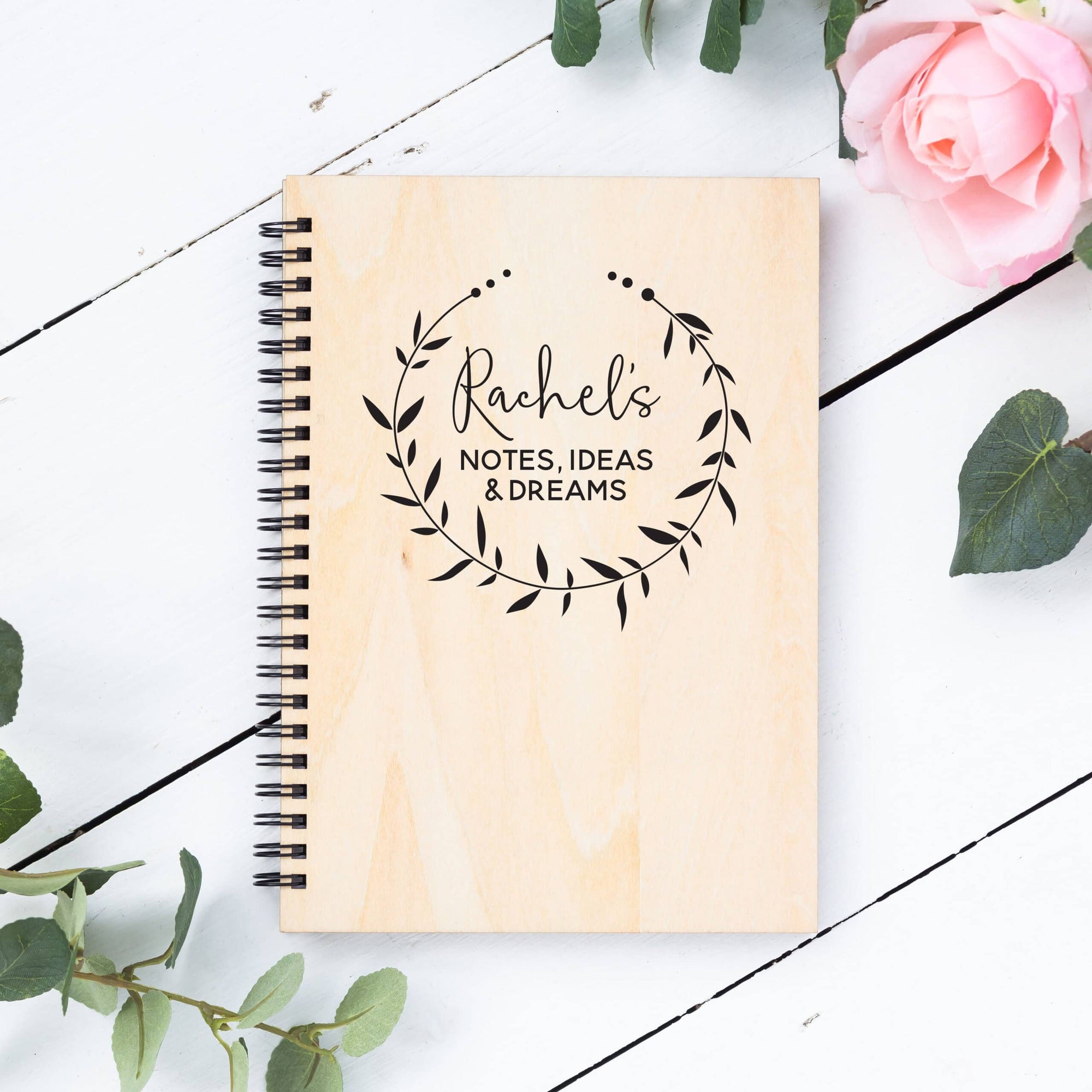 Personalised A5 Wooden Floral Name Notebook