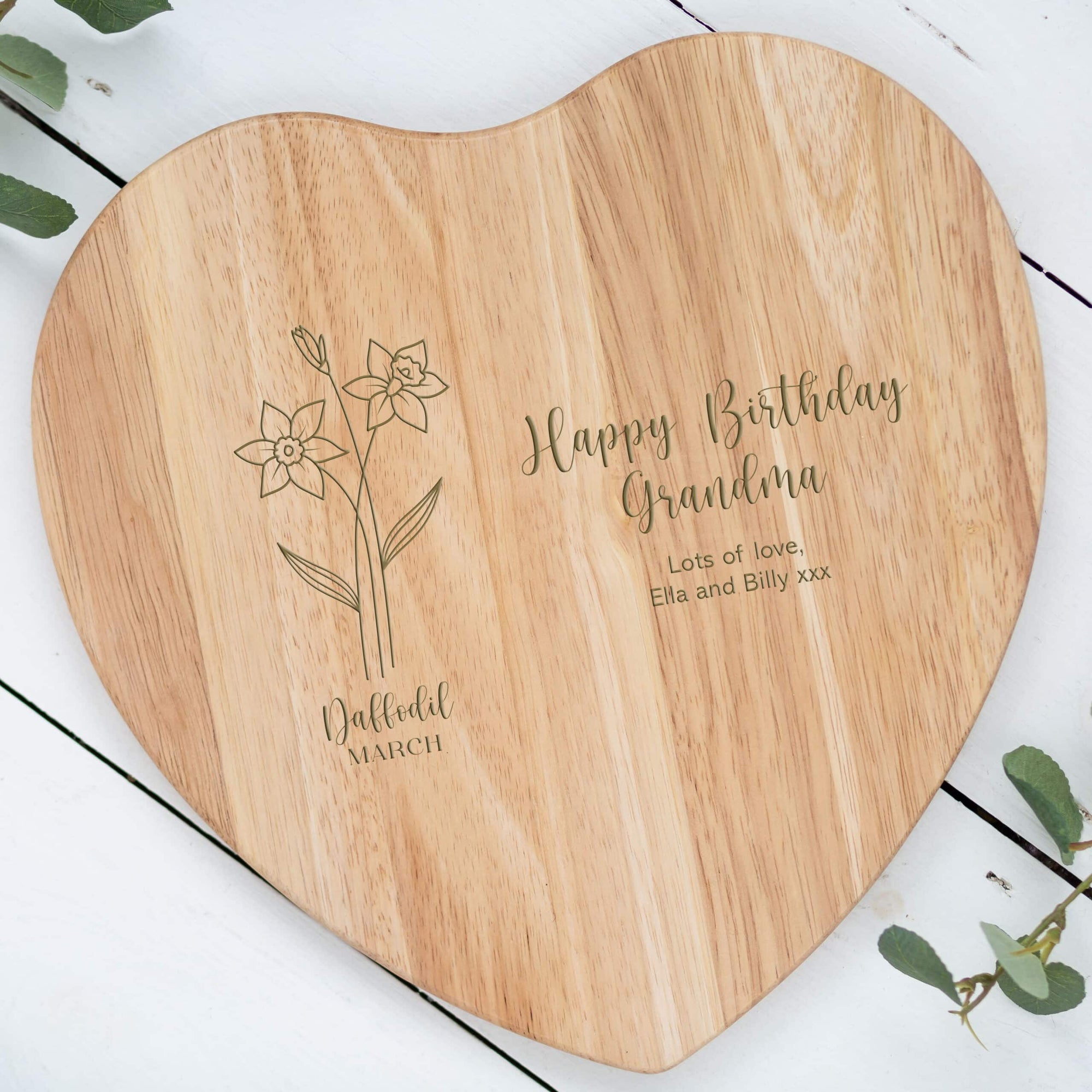 Personalised Birth Flower Heart Shaped Wooden Chopping Board
