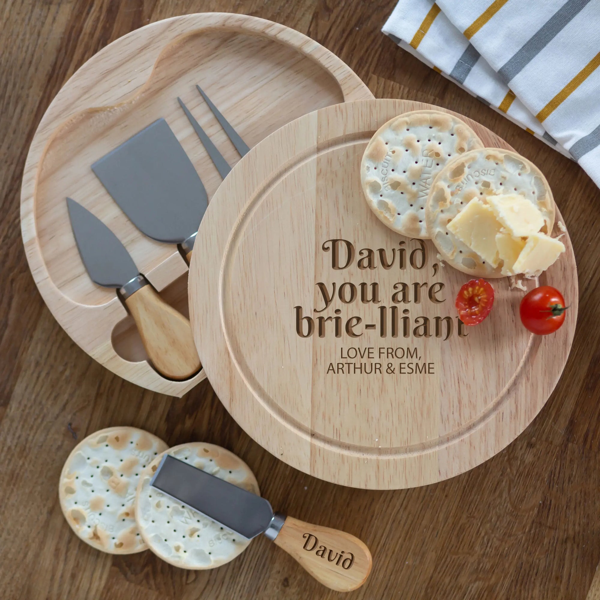 Personalised Wooden Cheese Board With Tools Set