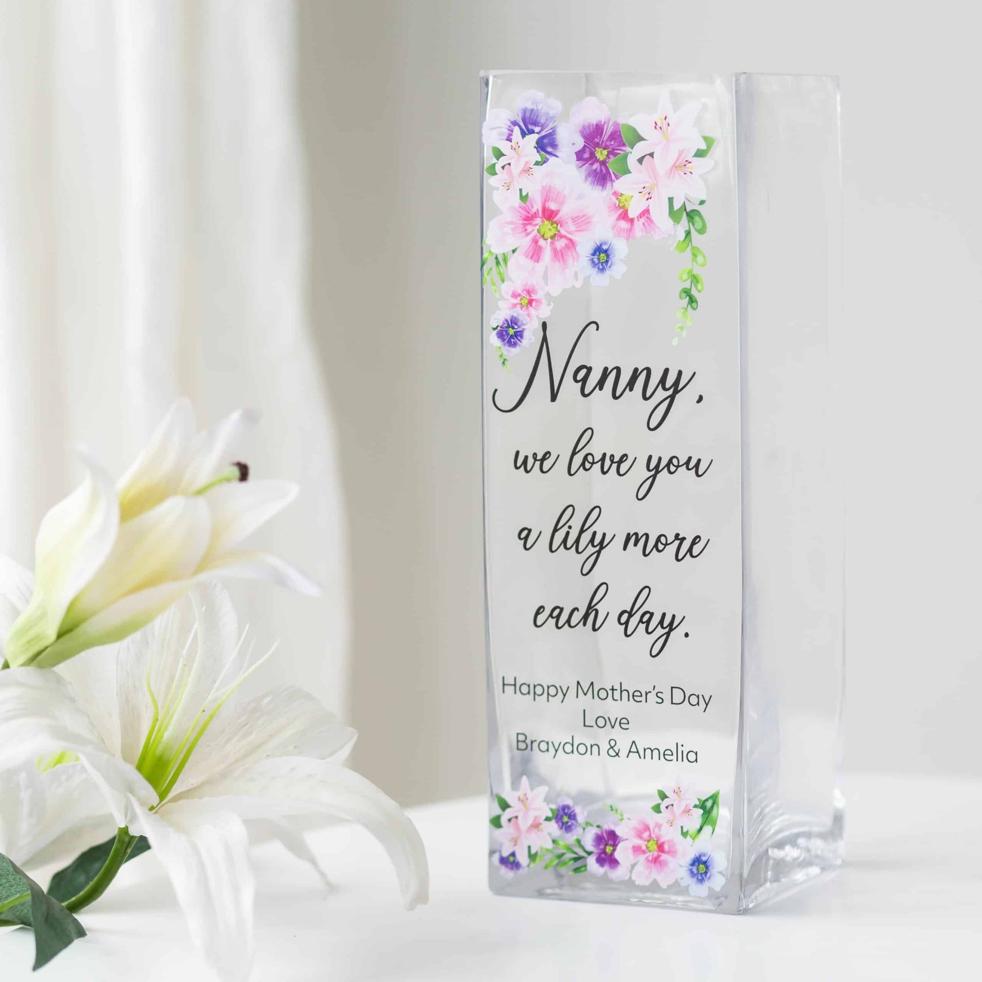 Personalised Purple Lily More Glass Vase