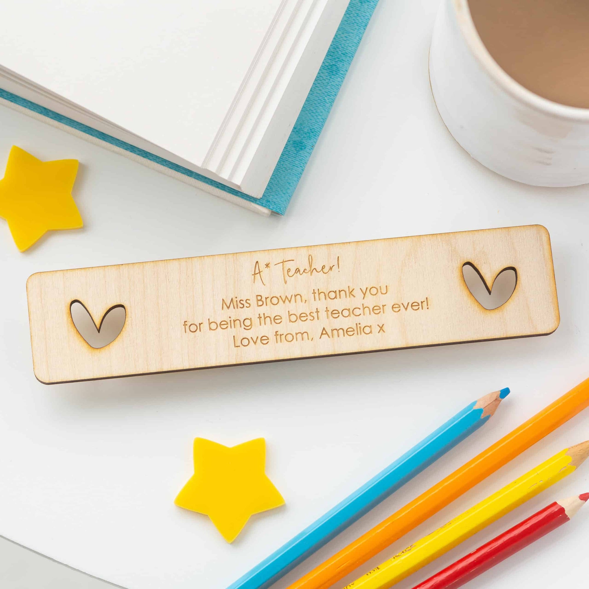 Personalised A* Teacher Wooden Bookmark - Heart