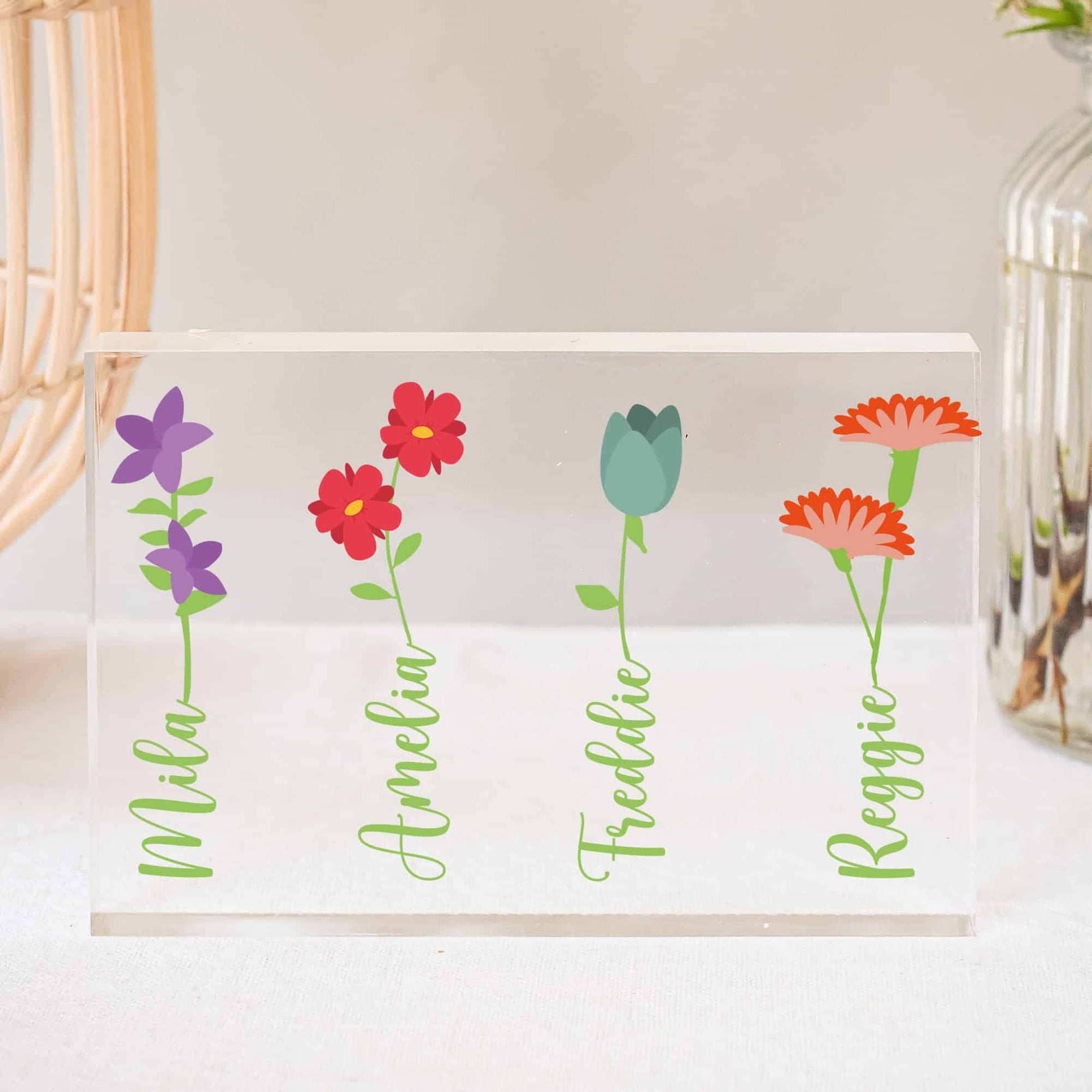 Personalised Flower Name Children or Grandchildren Acrylic Block