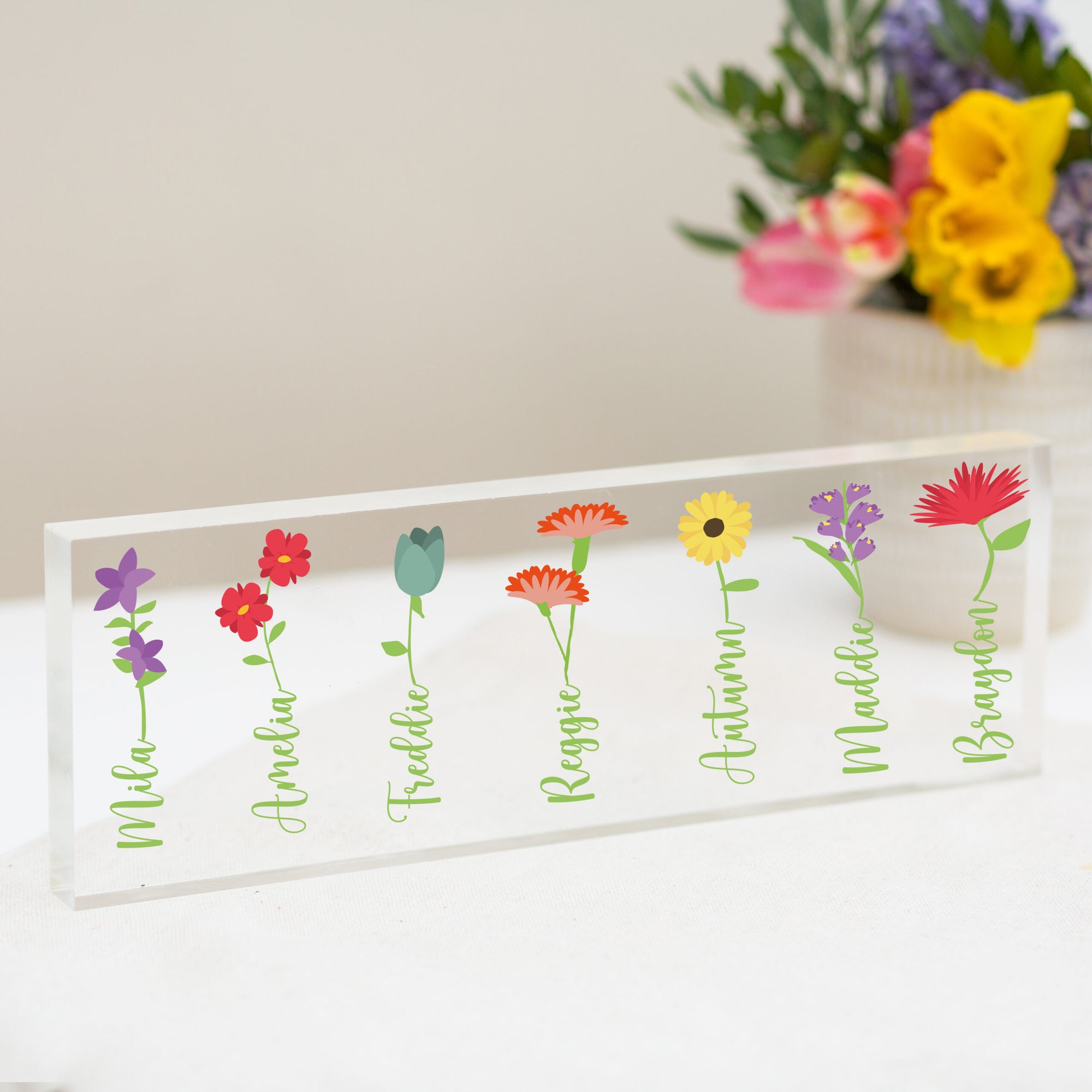 Personalised Flower Name Children or Grandchildren Acrylic Block