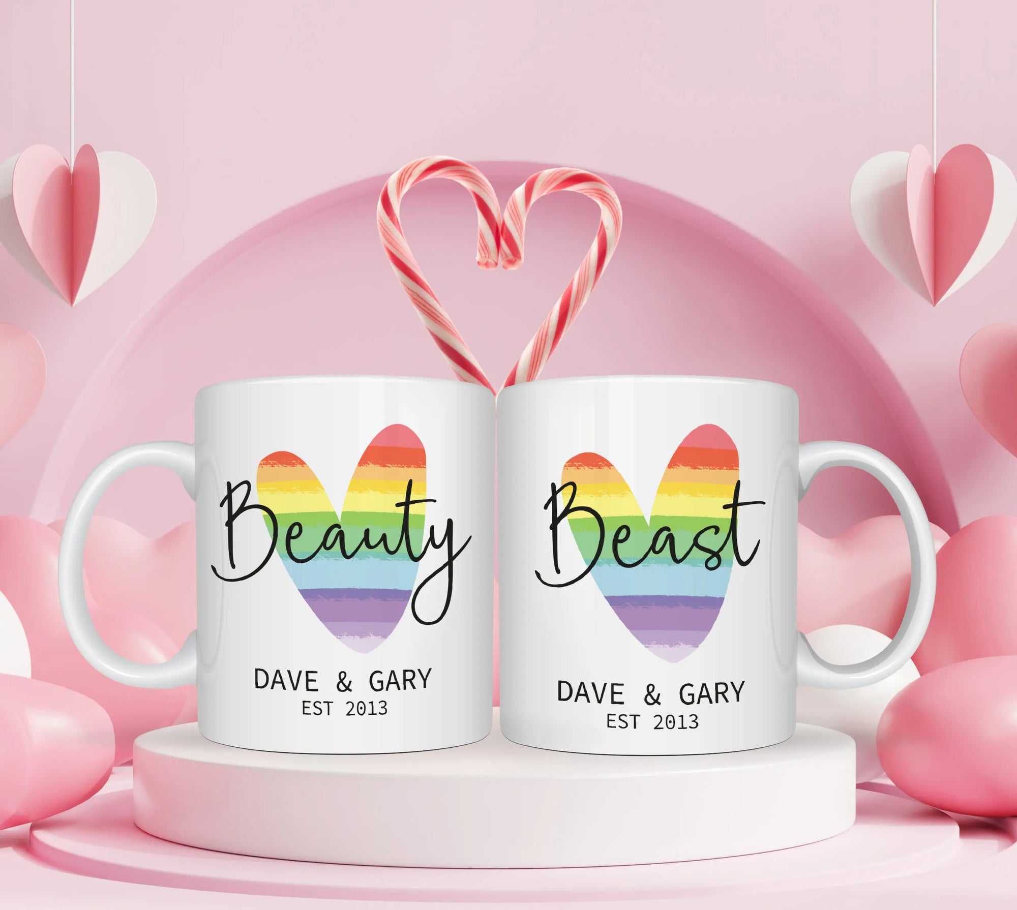 Personalised Rainbow Beauty & Beast Matching Couples Mugs