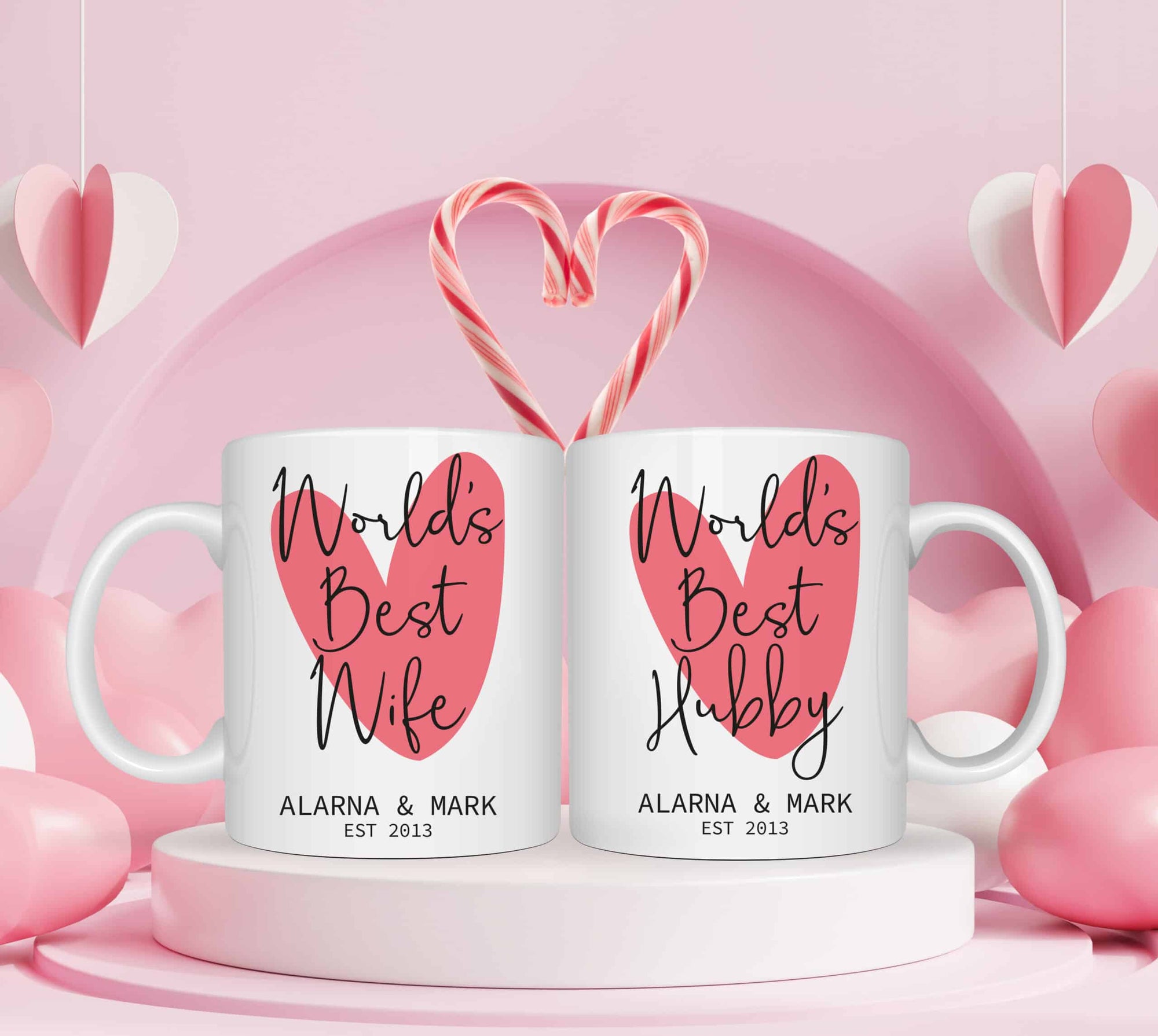 Personalised World's Best Wife and Hubby Matching Heart Mugs