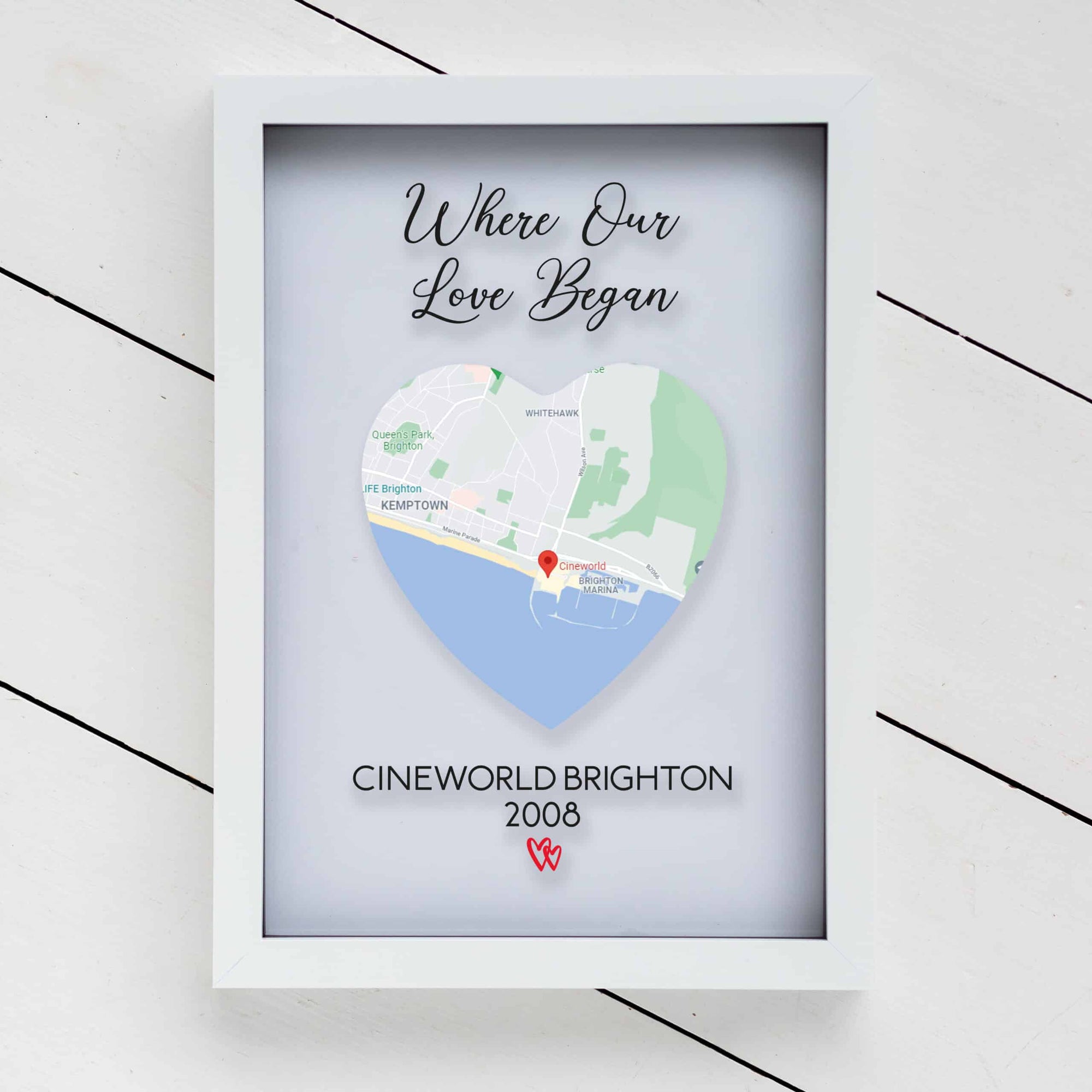 Personalised A4 Printed Glass White Map Frame