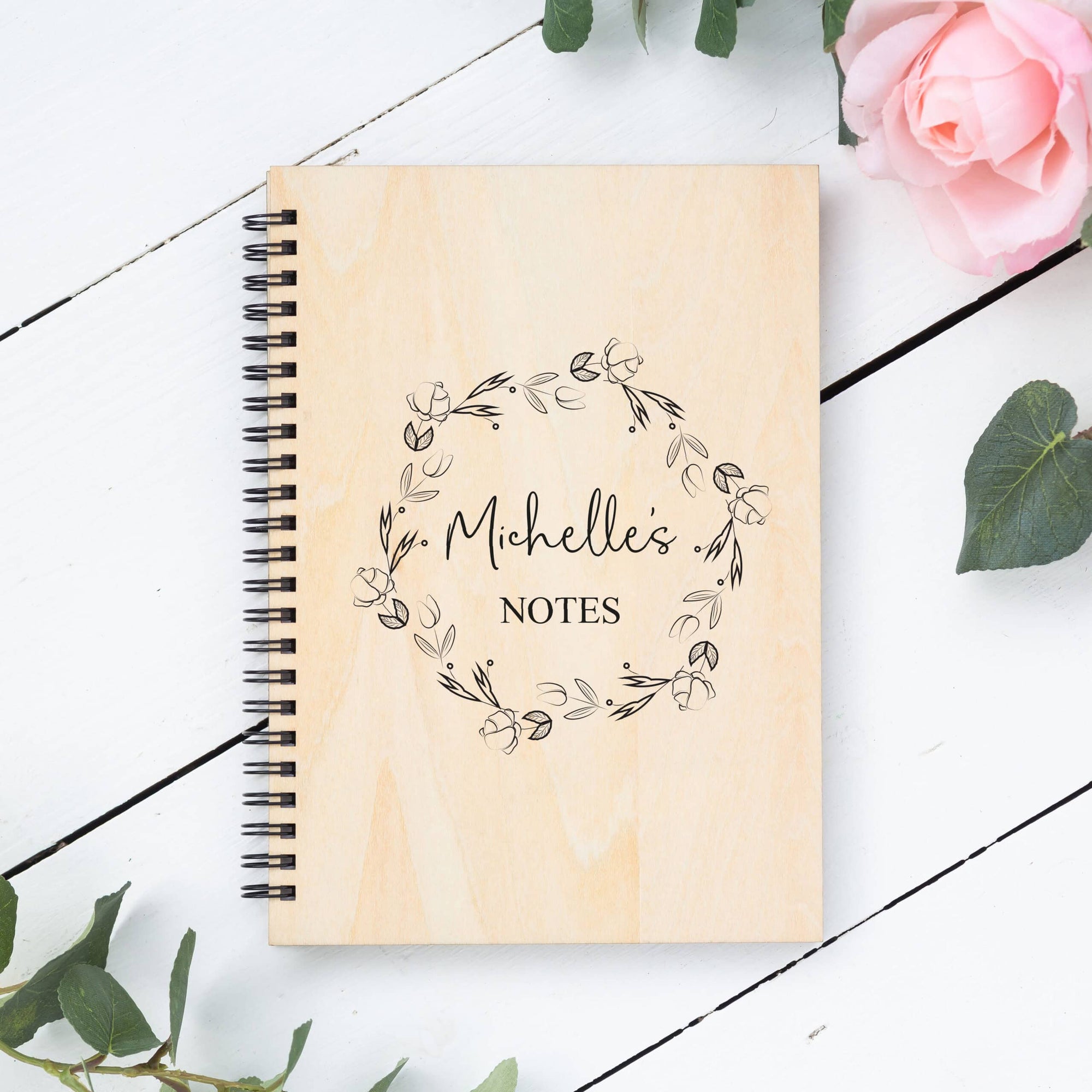 Personalised A5 Wooden Floral Wreath Name Notebook