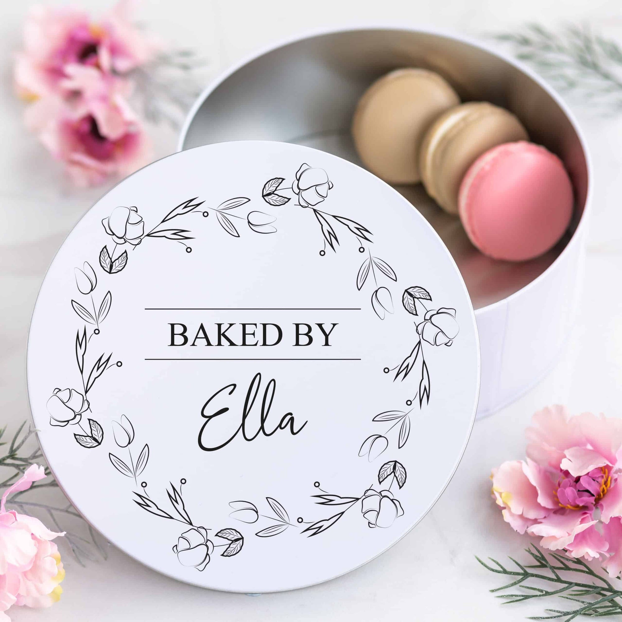 Personalised Round Floral Wreath Name Cake Storage Tin