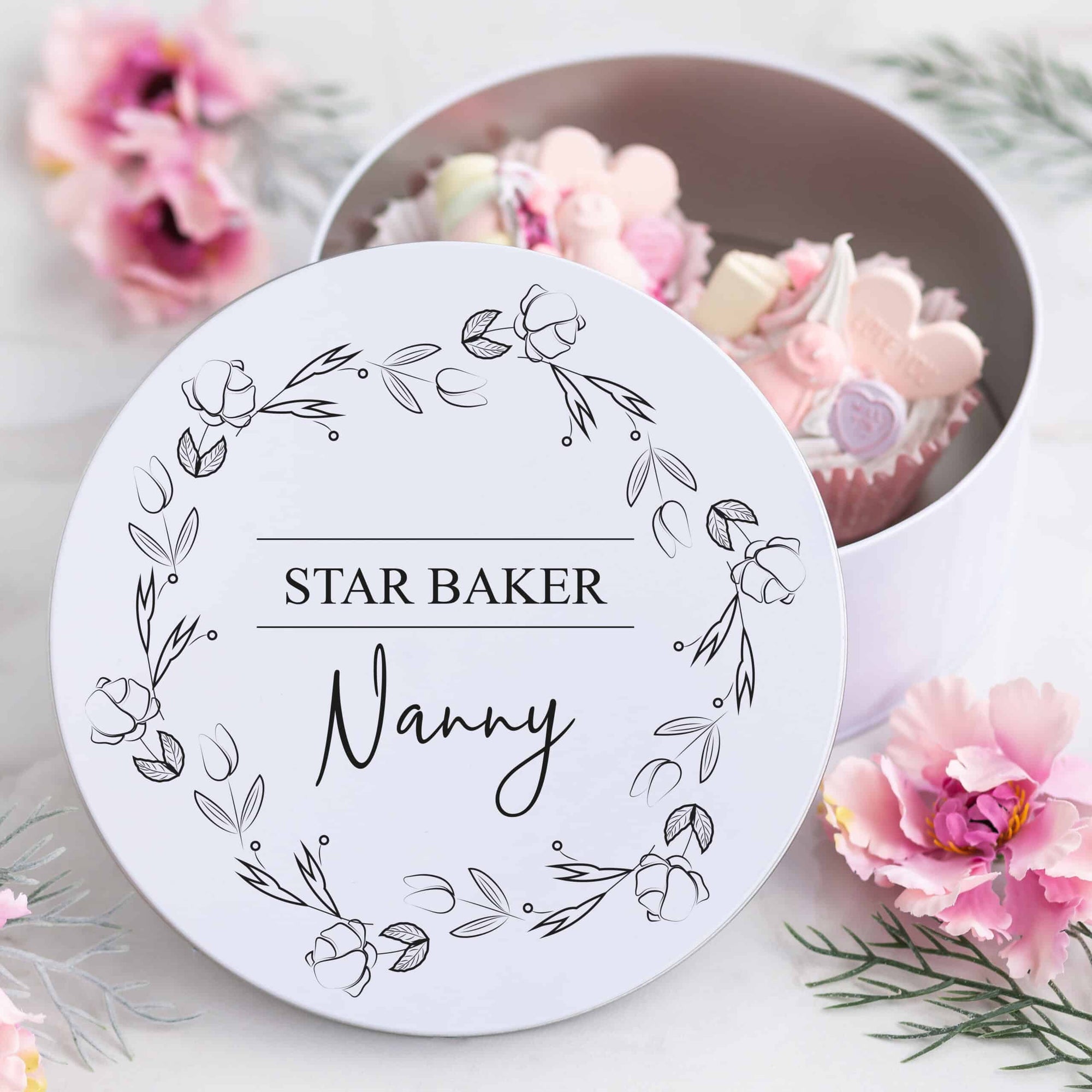 Personalised Round Floral Wreath Name Cake Storage Tin