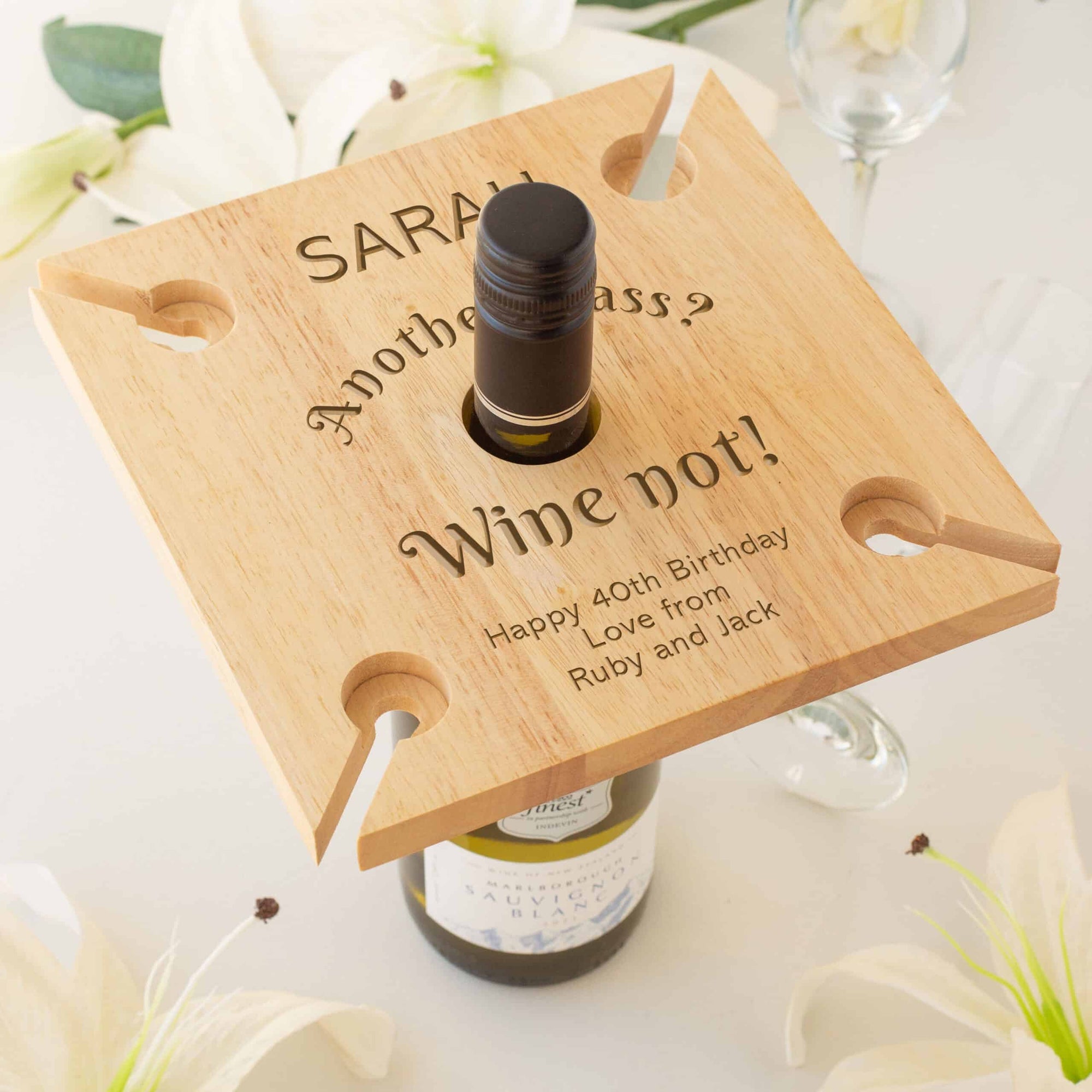 Personalised Wooden 4 Wine Glass & Bottle Holder