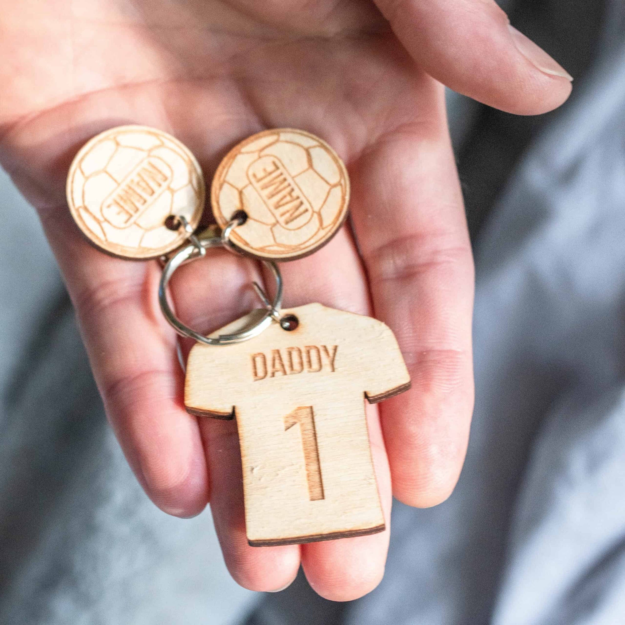 Personalised Wooden Football Sports T-Shirt Child Family Tag Keyring