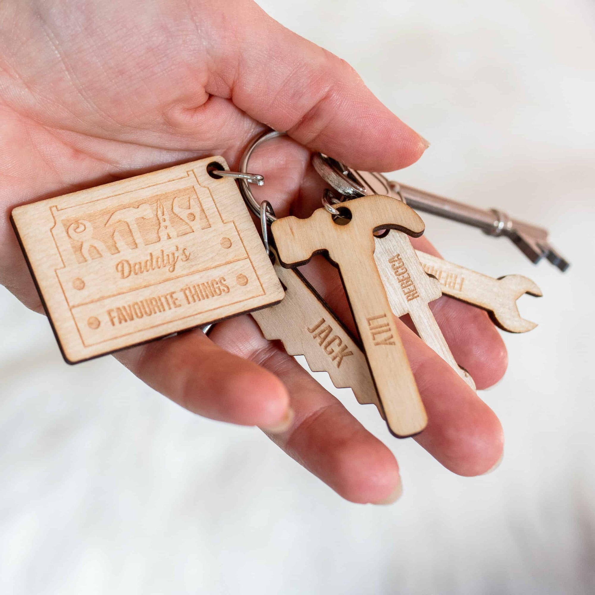 Personalised Wooden Dad's Toolbox Child Family Tag Keyring