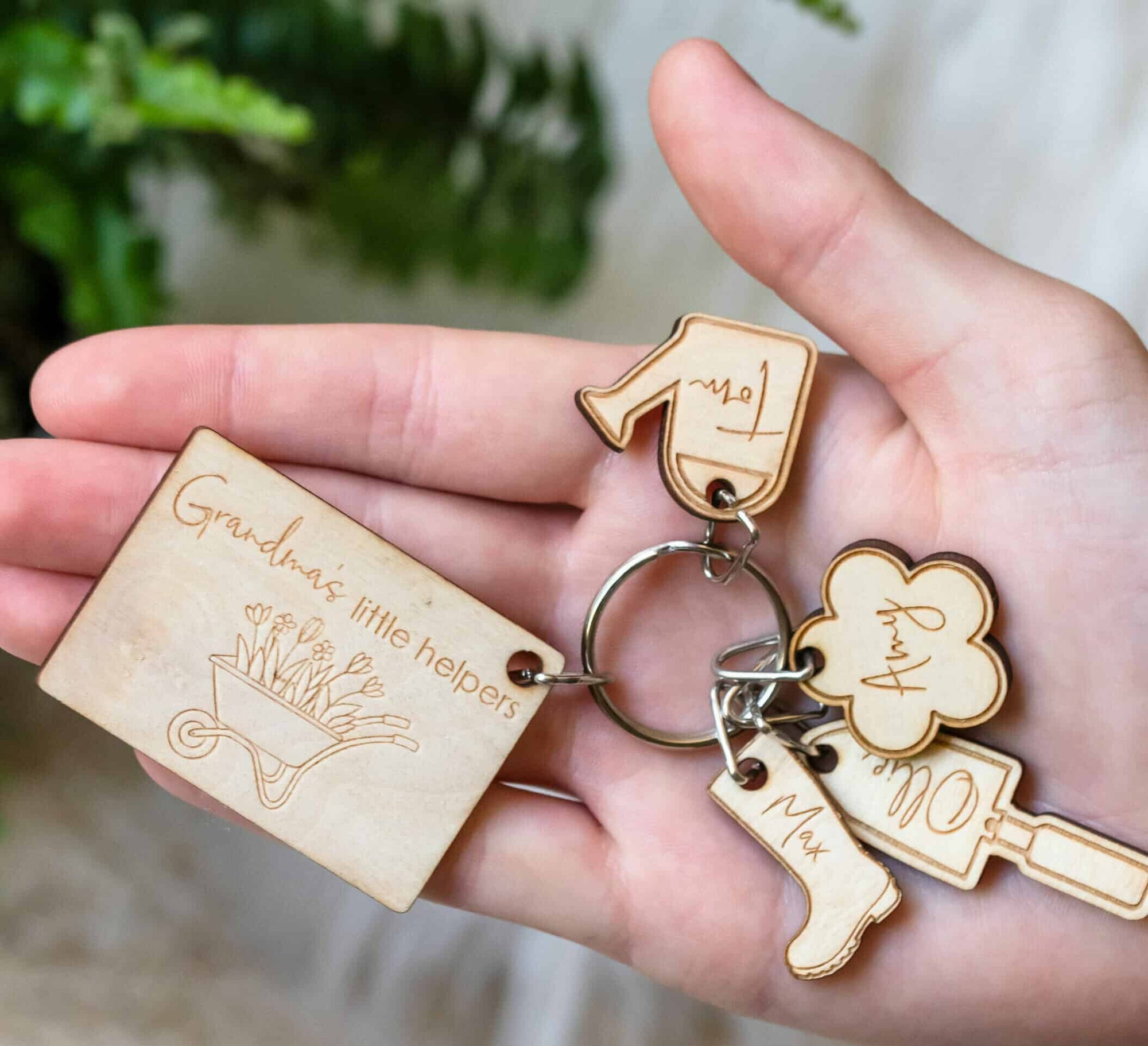 Personalised Wooden Gardening Little Helpers Child Family Tag Keyring