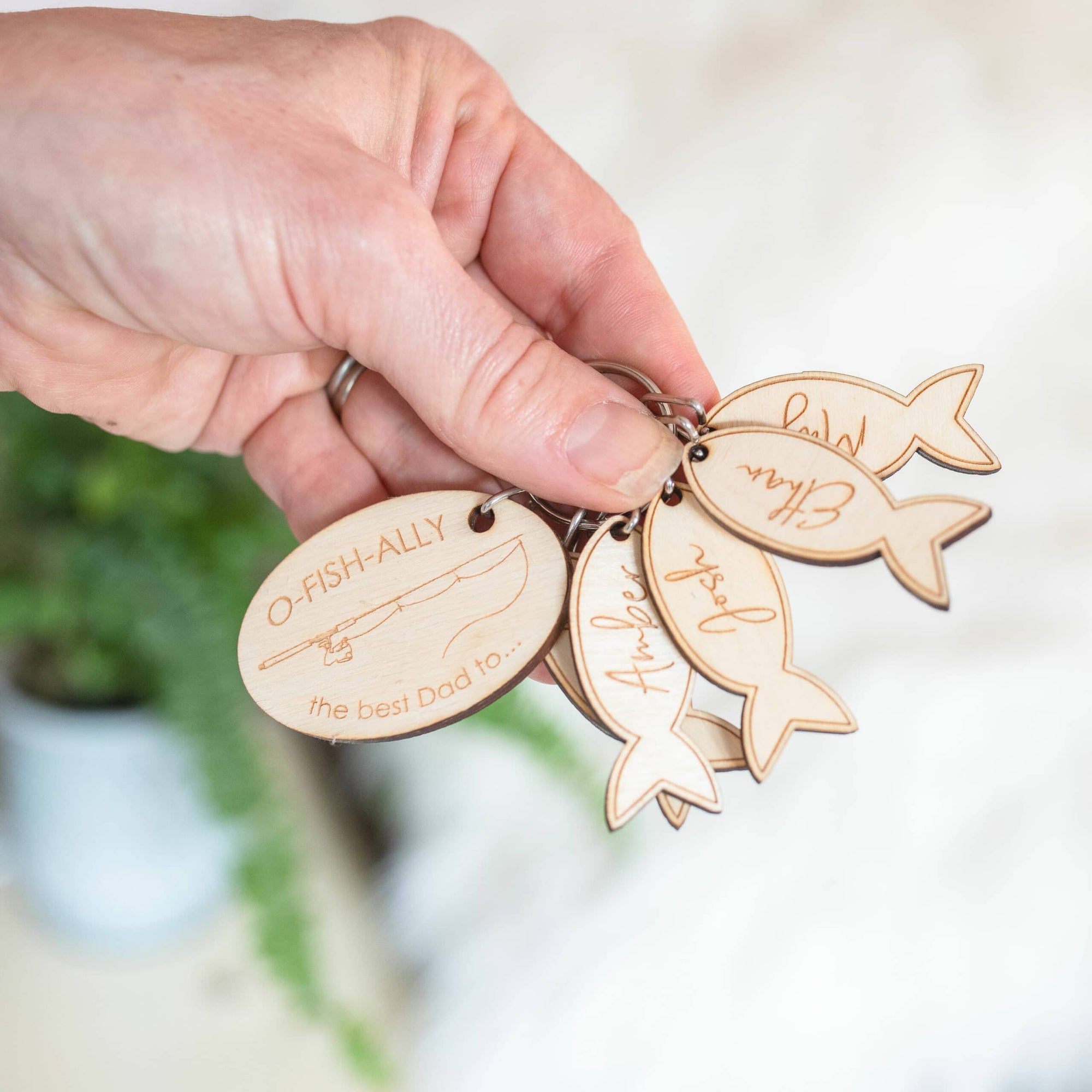 Personalised Wooden Fishing Family Child Tag Keyring